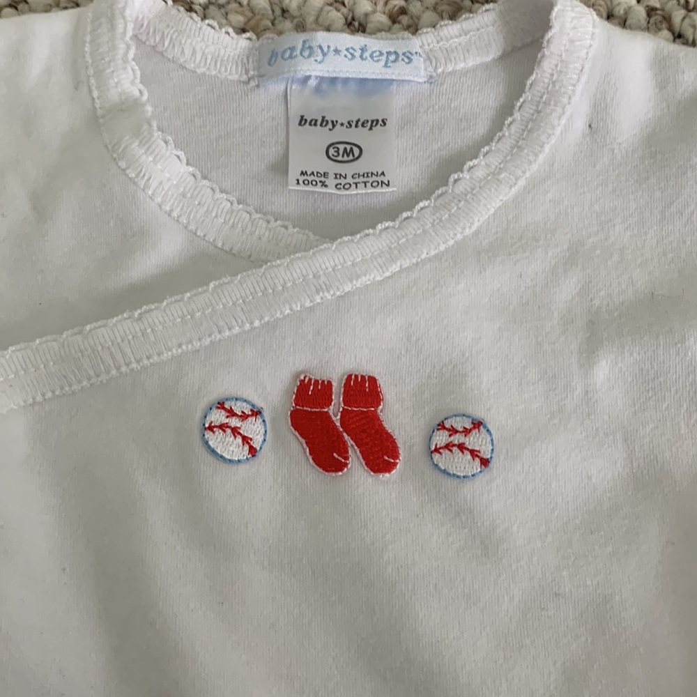 Baby Steps 3 month Red Sox top with mudpie baseball hat